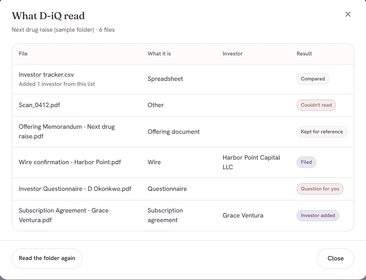 What D-iQ read in a raise folder: a spreadsheet, a wire confirmation filed, a questionnaire with a question for you, and a new investor added.