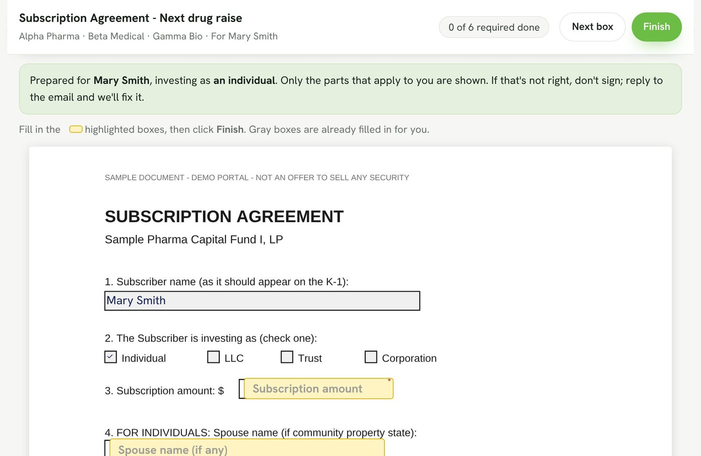 An investor signing a subscription agreement. Their name is filled in and only the boxes for an individual are highlighted.